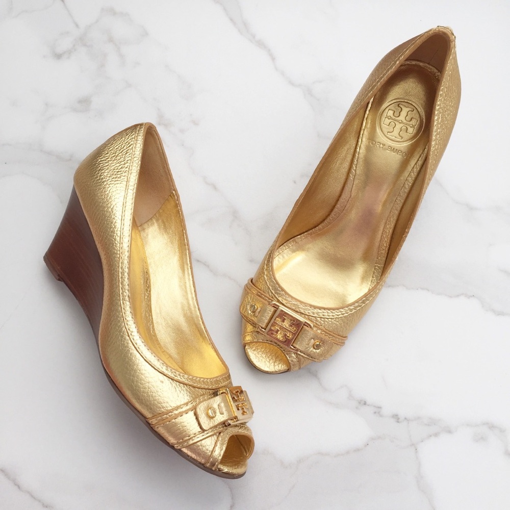 Tory Burch Ambrose gold open toe wedges